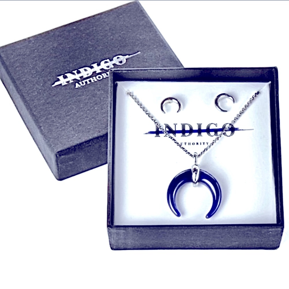 Indigo Authority Crescent Moon Necklace and Earrings Set